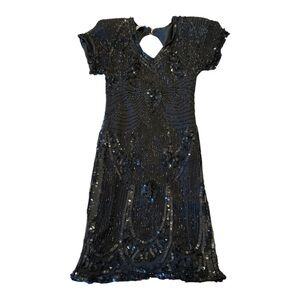 Stenay Vintage 80s Black Silk Beaded Sequin Midi Cocktail Party Small Gatsby